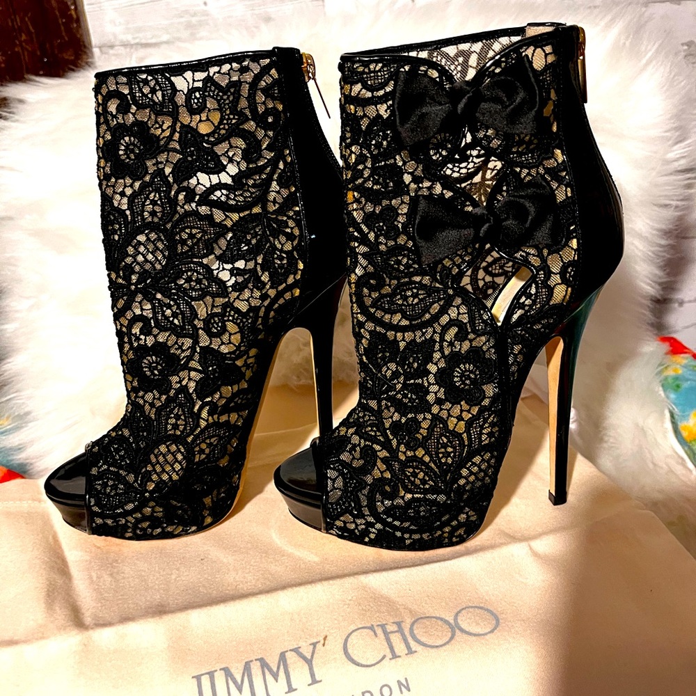 COPY - Vintage Jimmy Choo lace & patent leather bow booties